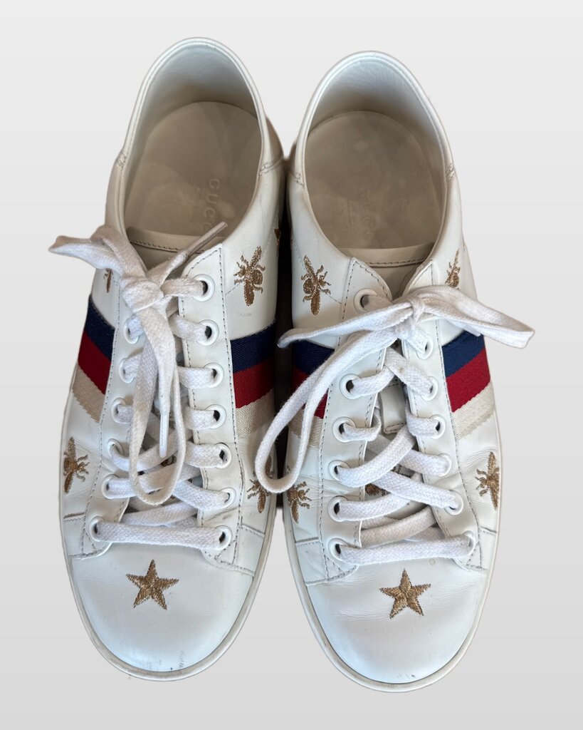 Gucci White Leather Ace Bees & Stars Low-Top Sneakers sz 37