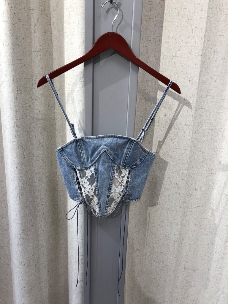 Nasty Gal Vintage Wash Lace Detail Denim Corset Top sz 4