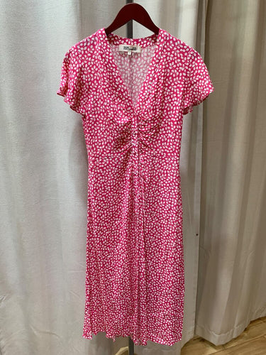 Diane von Furstenberg Pink Leaf Print Ruched Midi Dress sz S
