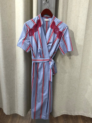 Sandro Striped Lace-Insert Wrap Midi Dress sz 40