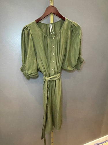 by Anthropologie Green Button-Front Belted Puff-Sleeve Dress