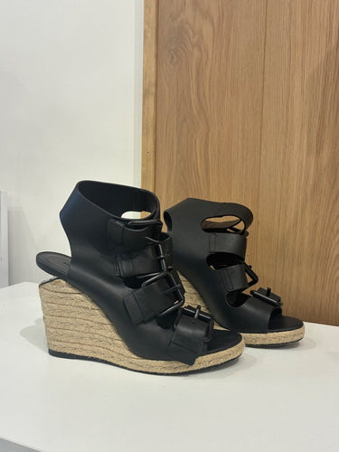 Alexander Wang Black Leather Buckle Espadrille Wedge Sandals sz 40