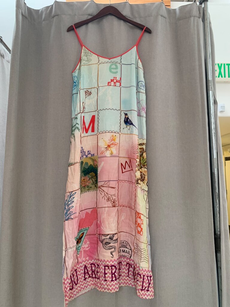 ME369 Multicolor Postage Stamp Graphic Slip Maxi Dress sz S