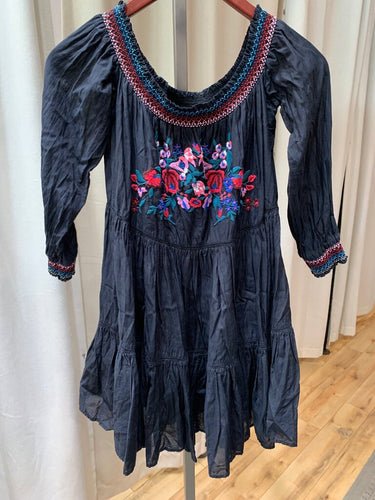 Free People Black Embroidered Long Sleeve Peasant Dress sz XS