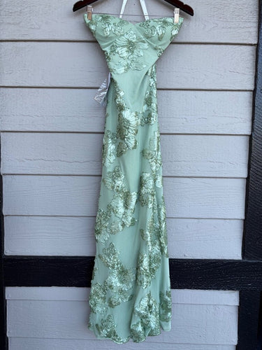 Azazie Lowlala Sage Green Floral Embroidered Strapless Maxi Dress sz 6