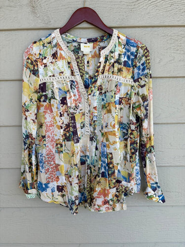 Maeve Patchwork Floral Lace Trim Long Sleeve Blouse sz 10