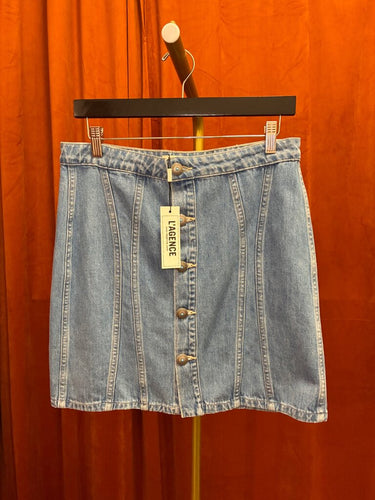 L'Agence Button-Front Denim Mini Skirt with Turquoise-Style Buttons sz 28