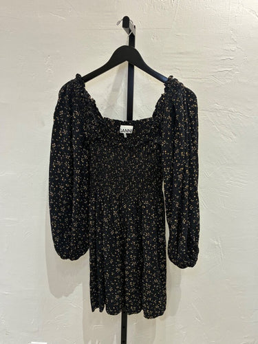Ganni Floral Smocked Crepe Mini Dress sz 34