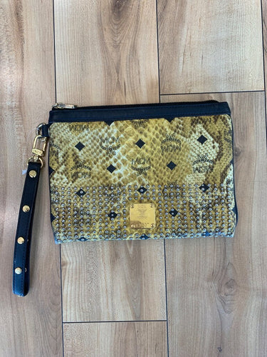 MCM Studded Python Print Visetos Wristlet Clutch