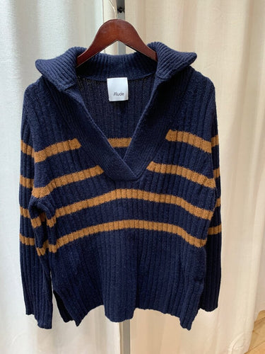 Allude Striped Collared Ribbed Pullover Sweater sz XS