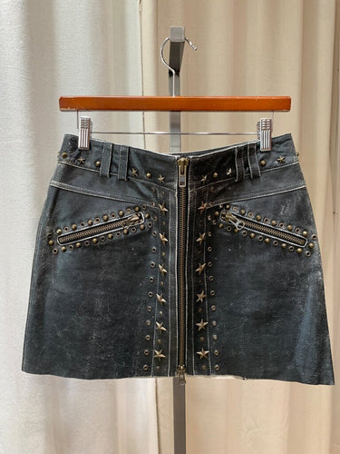 Pam & Gela Studded Distressed Leather Mini Skirt sz 6
