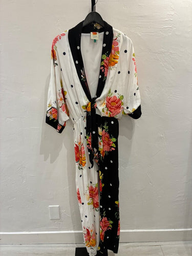 Farm Rio Mixed Floral and Polka Dot Tie-Front Jumpsuit sz M