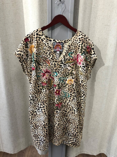 Johnny Was Leopard Print Embroidered Henley Tunic Top sz 1X