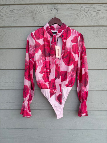Missguided Pink Rose Floral Tie Neck Long Sleeve Bodysuit sz 4