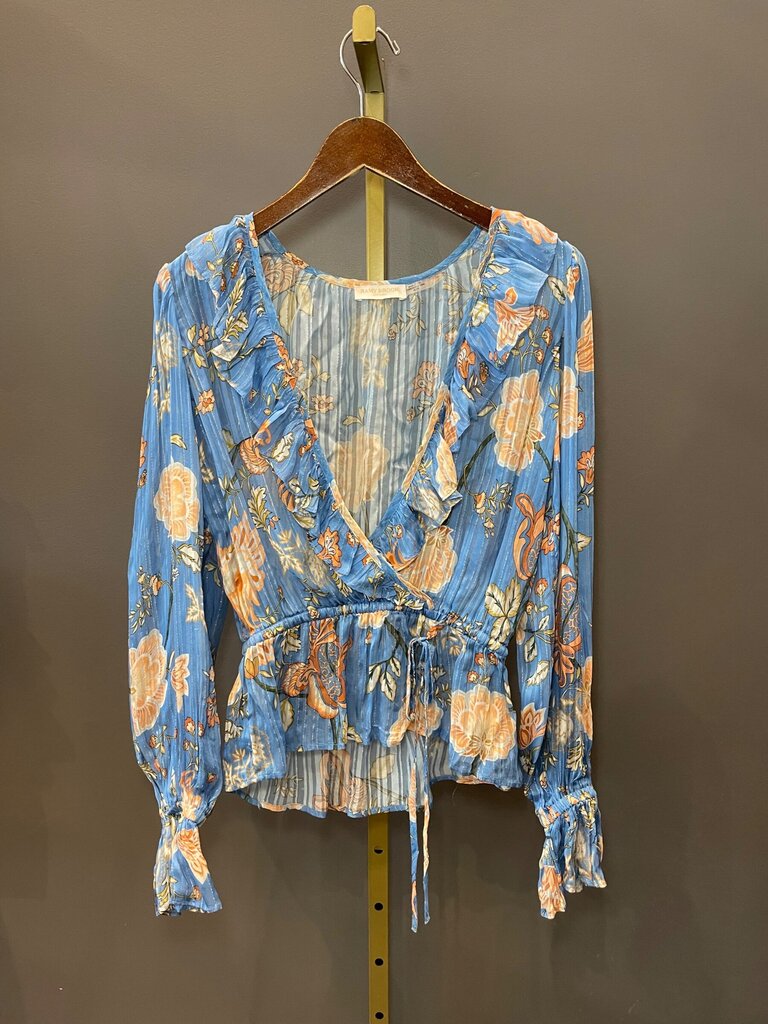 Ramy Brook Floral Metallic Stripe Ruffle Wrap Top sz XS/TP