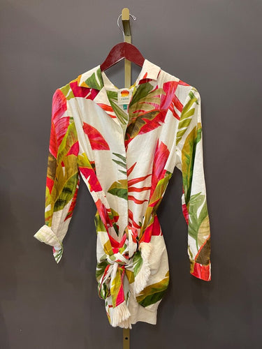 Farm Rio Tropical Print Long Sleeve Tie-Waist Mini Dress sz S