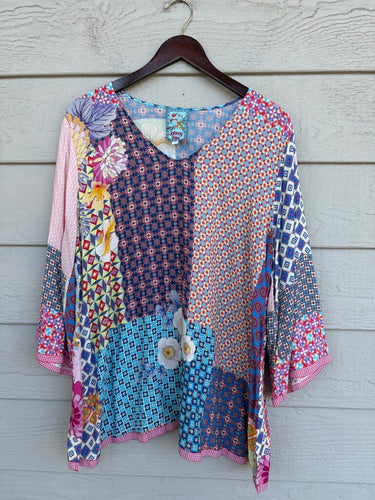 Johnny Was Patchwork Print V-Neck Tunic Top sz L