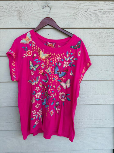 Johnny Was Hot Pink Embroidered Butterfly Tee sz L
