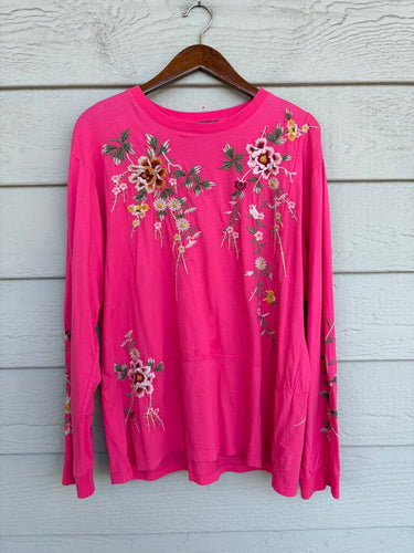 JW Los Angeles Hot Pink Embroidered Long Sleeve Top sz L