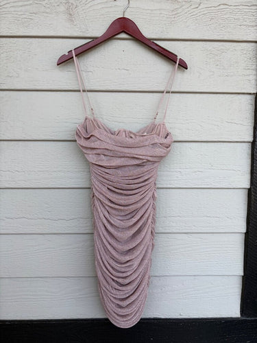 House of CB Rose Gold Ruched Metallic Mini Dress sz M