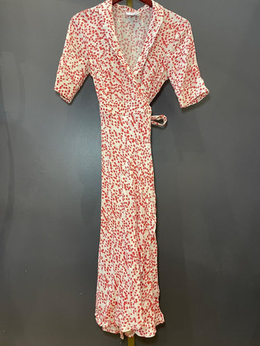 Ganni Red Floral Printed Viscose Wrap Maxi Dress sz 34