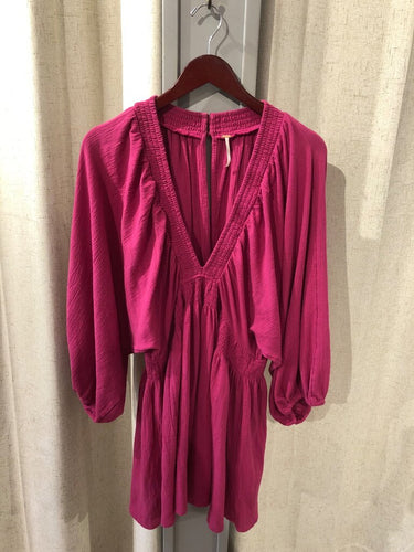 Free People Smocked Deep V-Neck Balloon Sleeve Mini Dress sz L