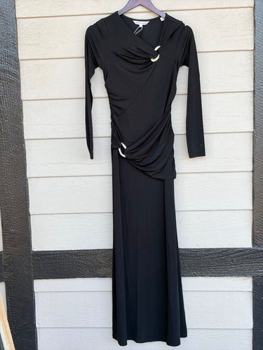 Veronica Beard Black Viela Ruched Metallic-Ring Maxi Dress sz XS