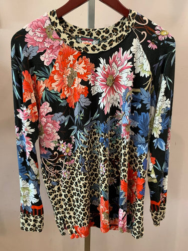 Johnny Was Mixed Floral & Leopard Print Long Sleeve Top sz L
