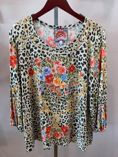 Johnny Was Leopard & Floral Print Long Sleeve Top sz L