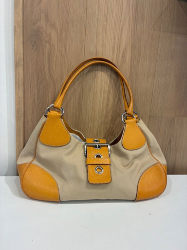 Prada Beige Canvas & Orange Leather Buckle Shoulder Bag
