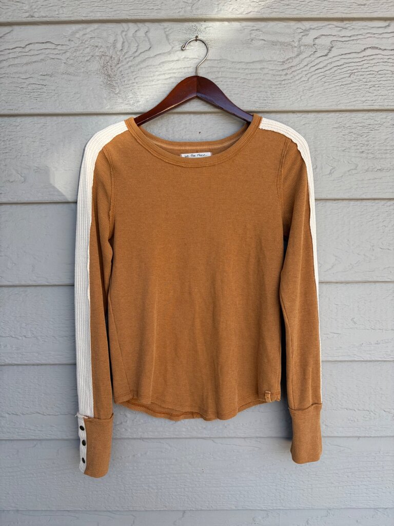 We The Free Brown Waffle Knit Stripe Long Sleeve Thermal Top sz M