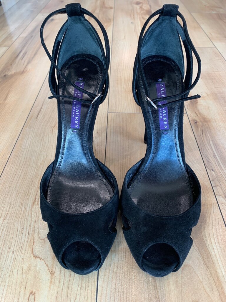 Ralph Lauren Purple Label Collection Black Suede Gold-Heel Peep-Toe Pumps sz 7½ B