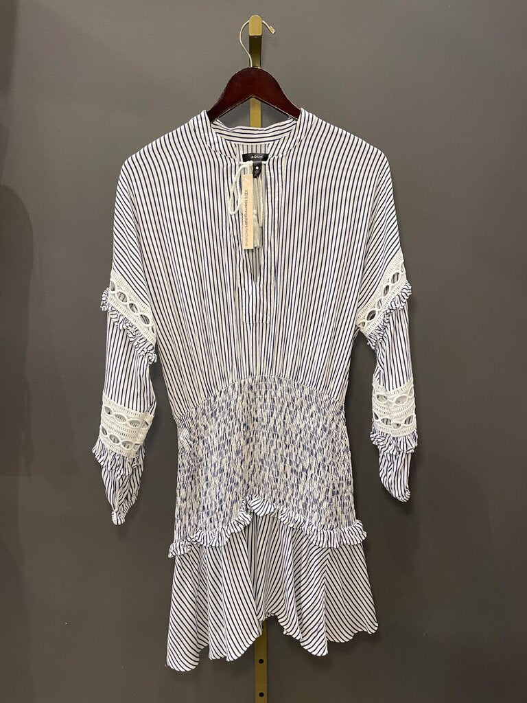 Aqua Striped Smocked Long Sleeve Dress sz M