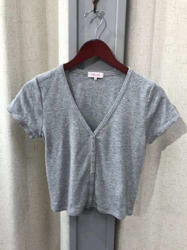 Goldie Lewinter Grey Ribbed Button-Front Short Sleeve Top sz S