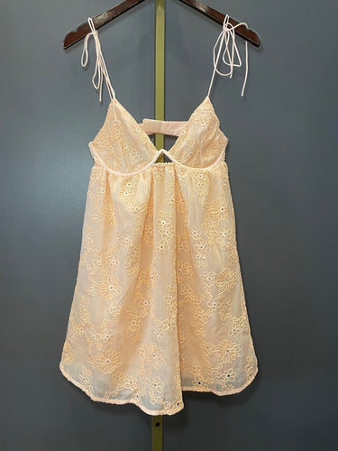For Love & Lemons Peach Floral Embroidered Babydoll Mini Dress sz M