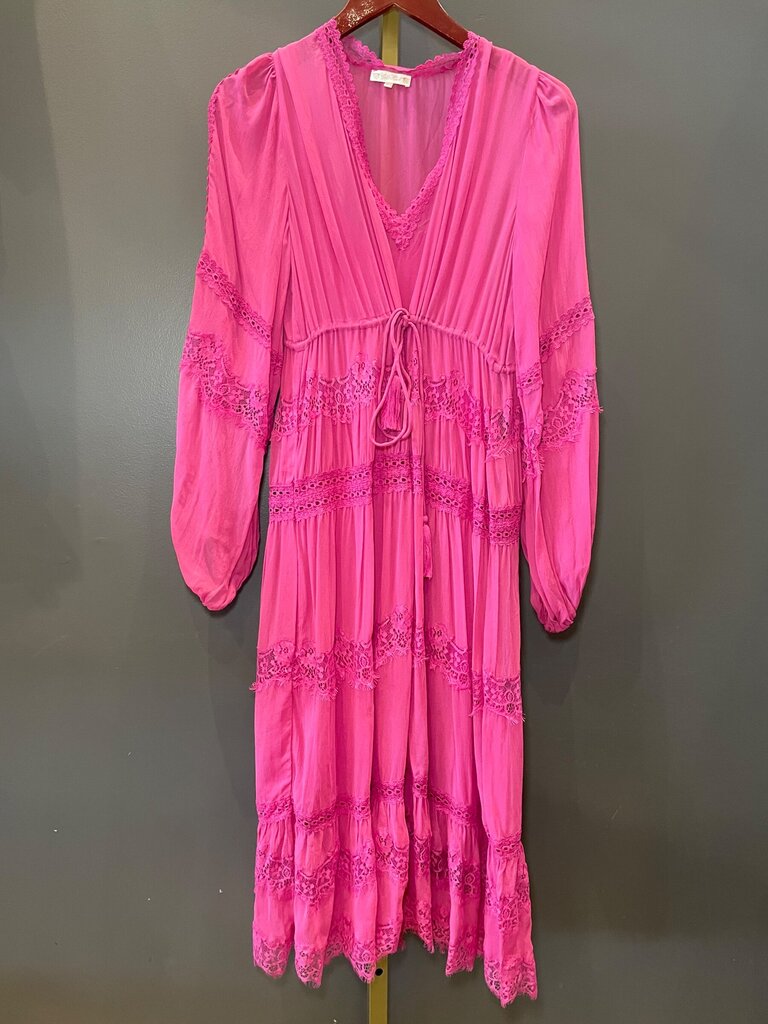 Gold Hawk Hot Pink Lace Tiered Maxi Dress sz S