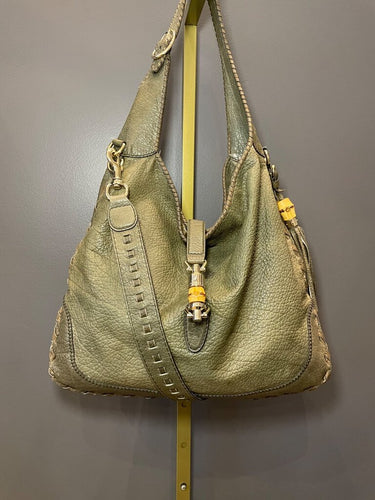 Gucci Olive Green Pebbled Leather Bamboo Piston Hobo Bag