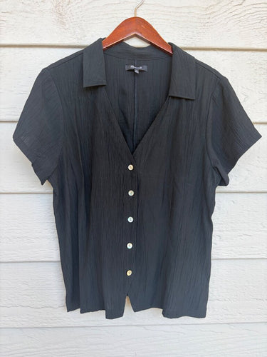 Madewell Black Crinkle Short Sleeve Button Down Top sz XL