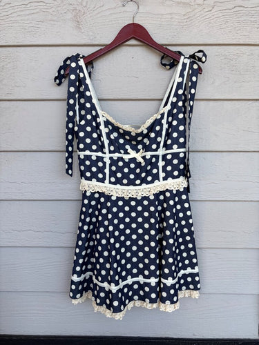 For Love & Lemons Polka Dot Lace-Trim Mini Dress sz L