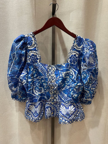 Farm Rio Blue and White Tile Print Puff Sleeve Peplum Blouse sz M
