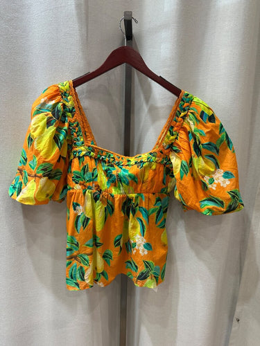 Farm Rio Lemon Print Puff Sleeve Square Neck Top sz M