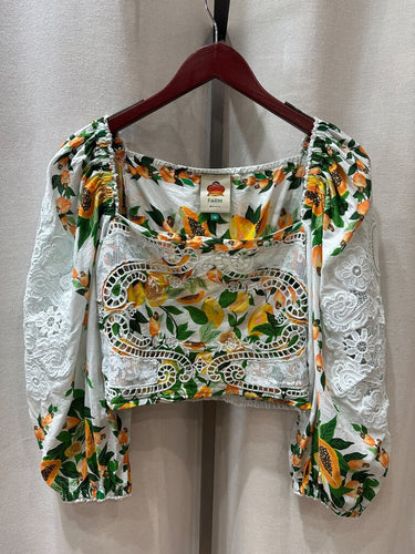 Farm Rio Papaya Print Lace Detail Crop Top sz M