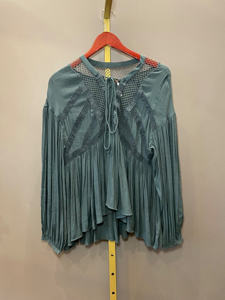 Free People Teal Lace-Up Mesh Peasant Top sz S