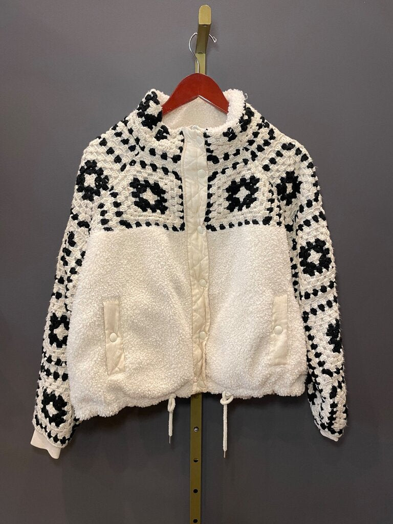 BLANKNYC Ivory Fleece & Crochet Granny Square Jacket sz M