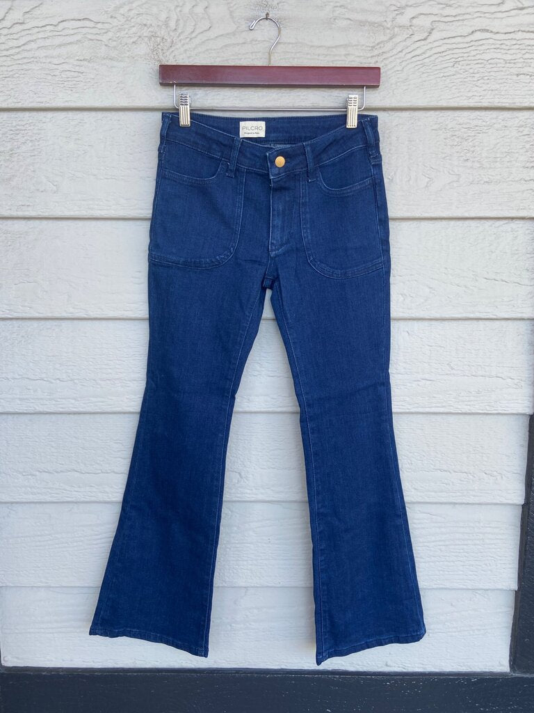 Pilcro Dark Wash Flared Patch Pocket Jeans sz 25/P
