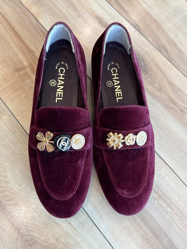 Chanel Burgundy Velvet Charm Loafers