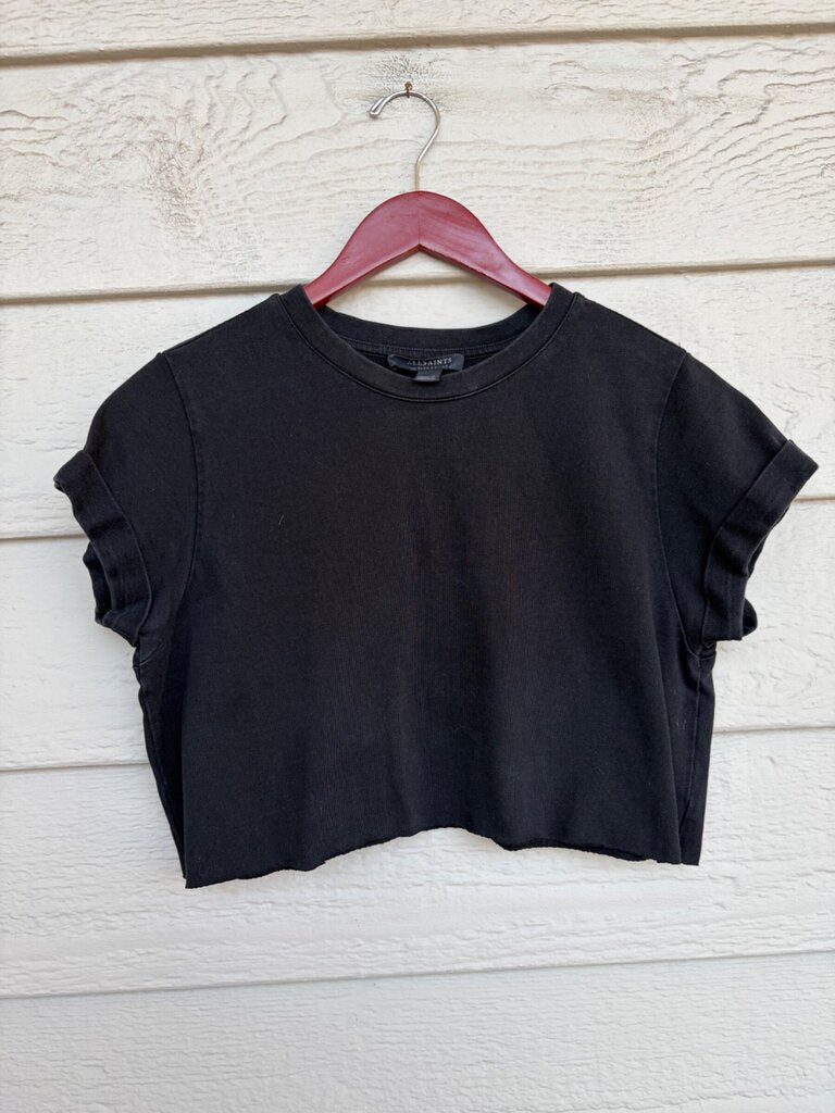 AllSaints Black Rolled Sleeve Crop Tee sz US 8