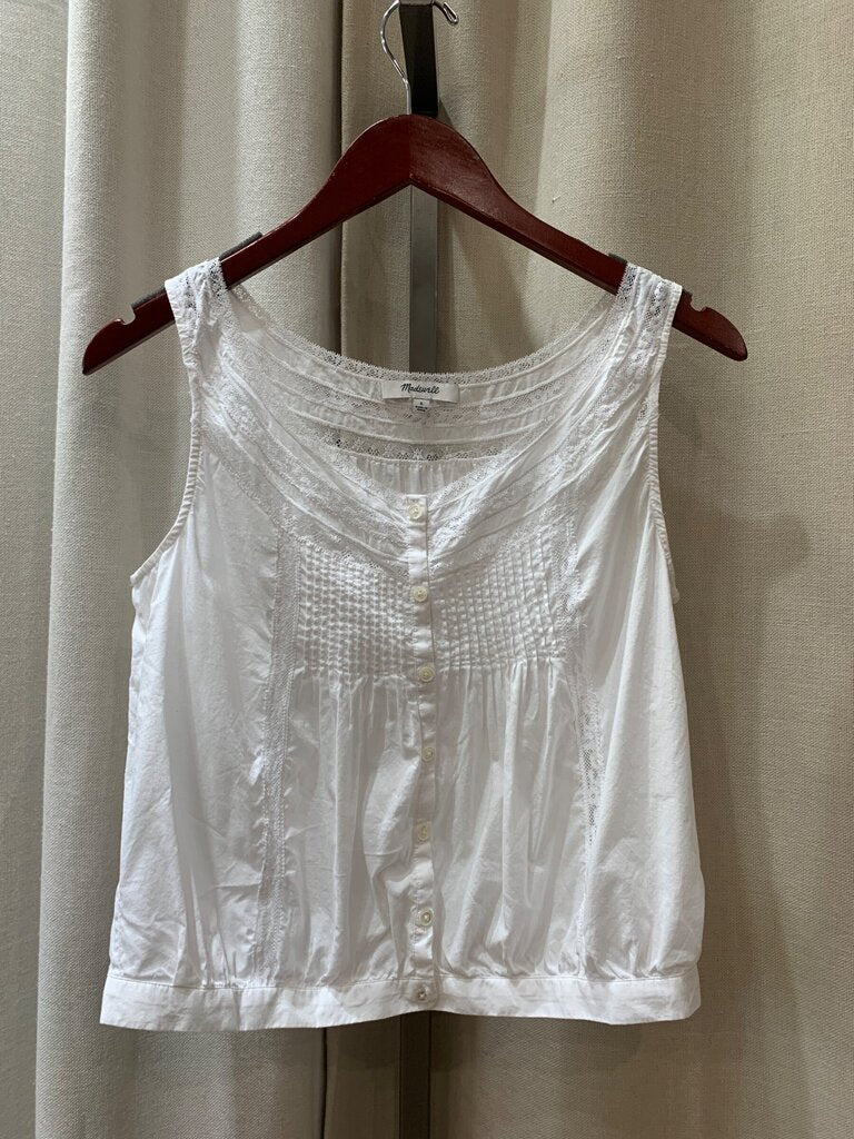Madewell White Lace-Trim Pintuck Sleeveless Top sz S