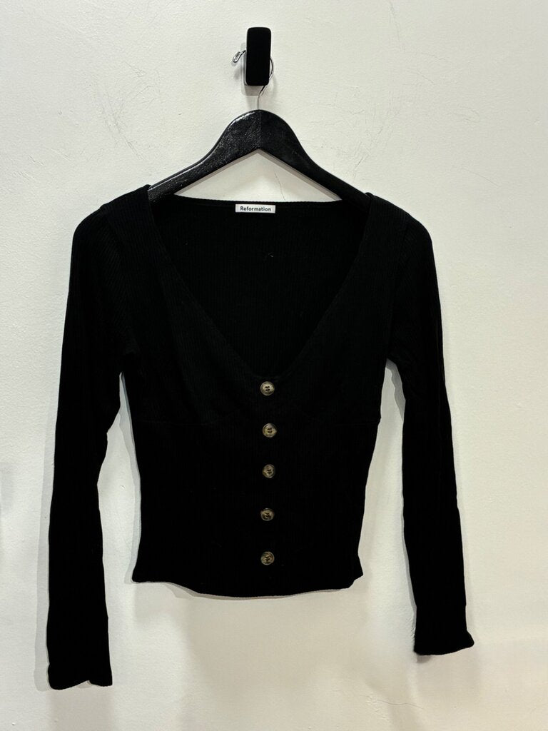 Reformation Ribbed V-Neck Button-Front Long Sleeve Top sz M