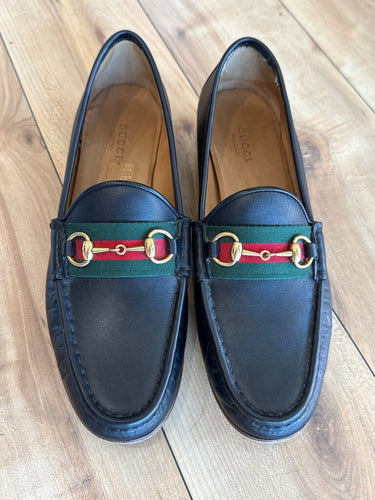 Gucci Black Leather Horsebit Web Loafers sz 38